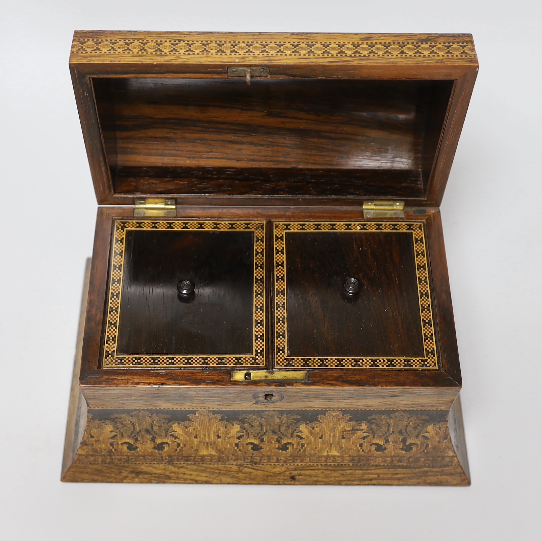 A 19th century Tunbridge ware rosewood tea caddy depicting Bayham Abbey ruins, and a bookslide with a rare view of the Pantiles and Shakespeare’s house, 39cm wide